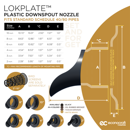 LokPlate™ Plastic Downspout Nozzle & Self-Locking Escutcheon Plate